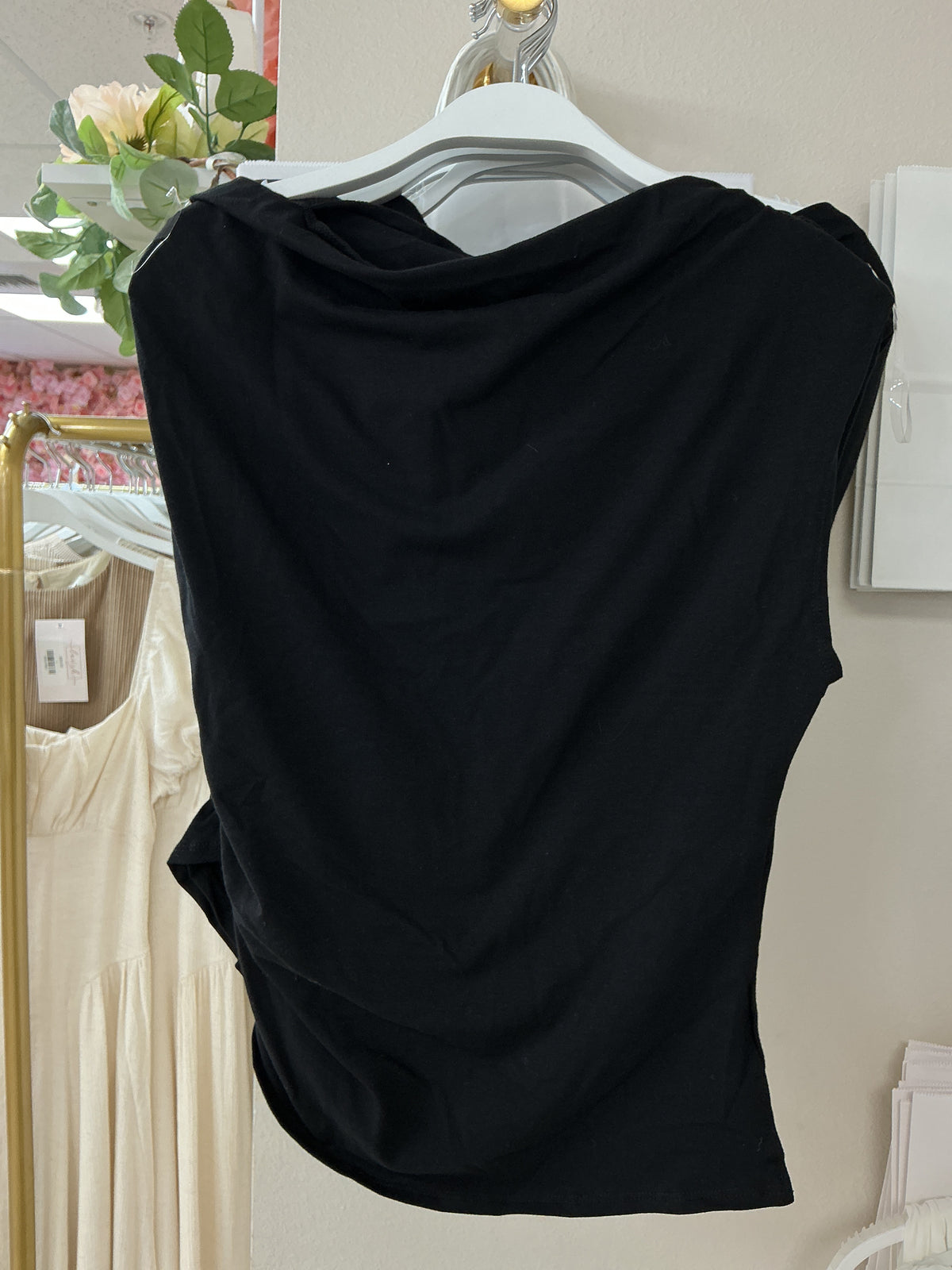 Black off the shoulder top with rouching on the side – Lavish 31