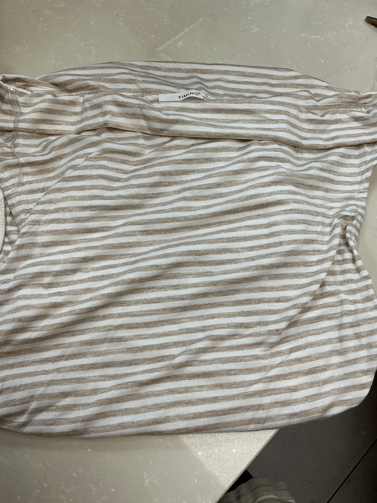 Beige/ white striped off the shoulder top – Lavish 31