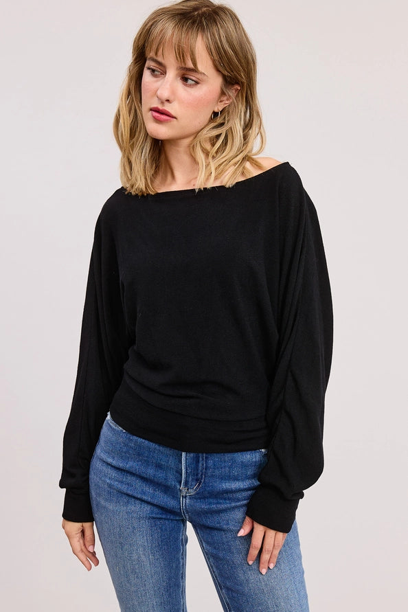Black boat neck long sleeve top