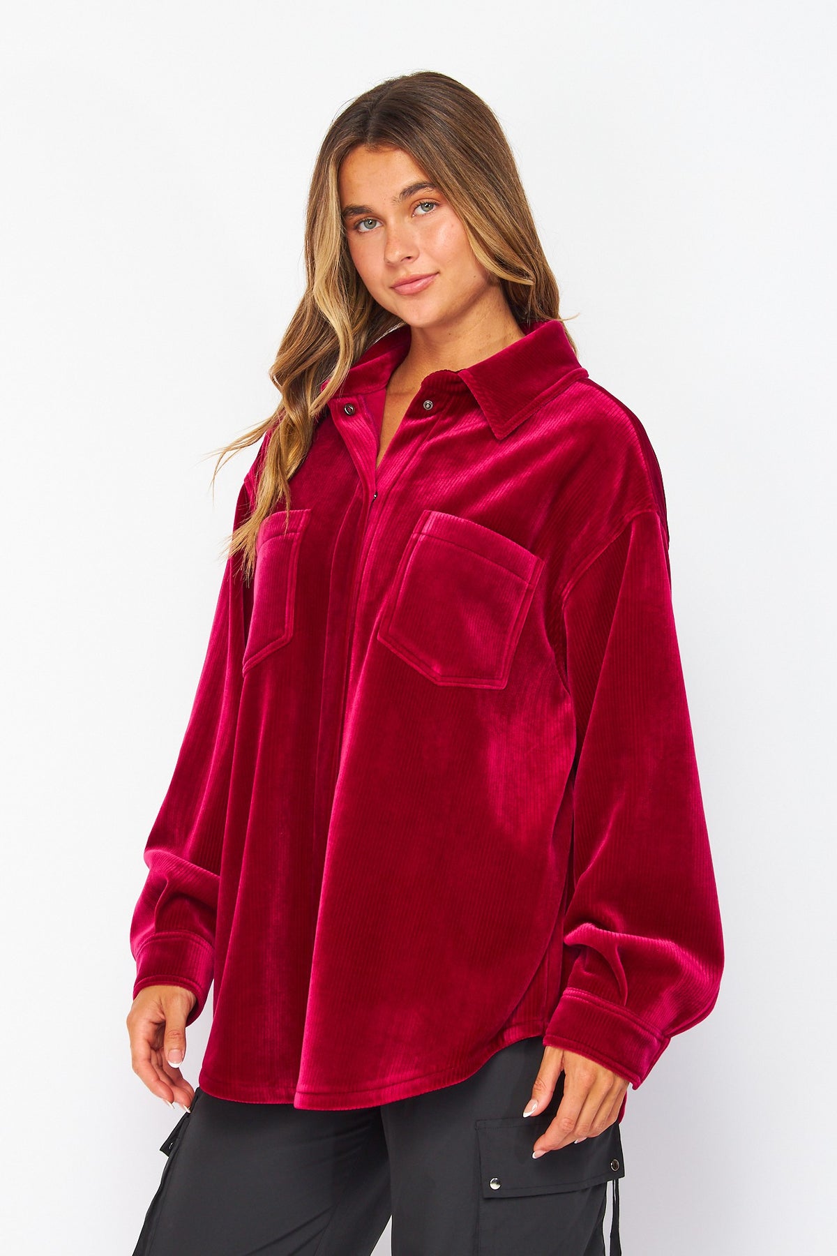 Burgundy velvet button up shacket – Lavish 31