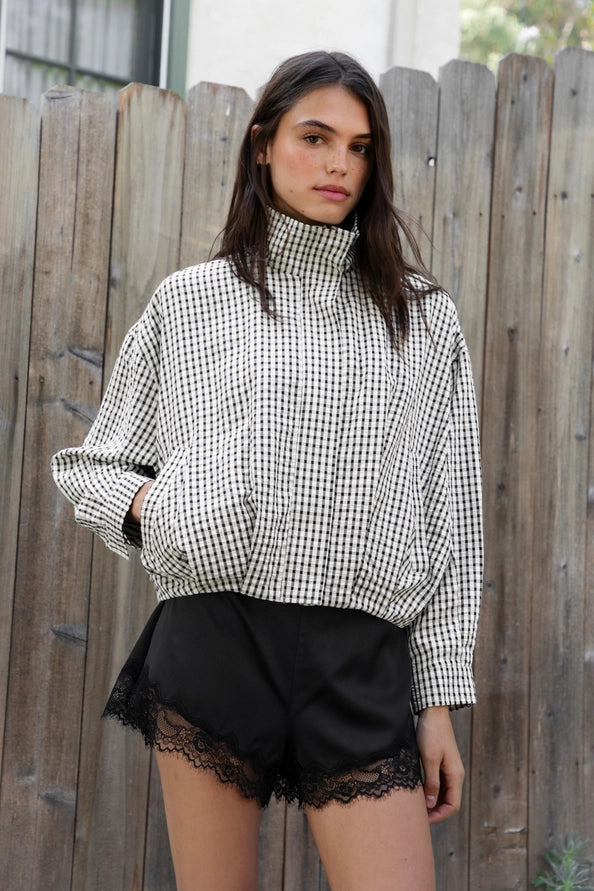 Black and white plaid gingham zip up jacket