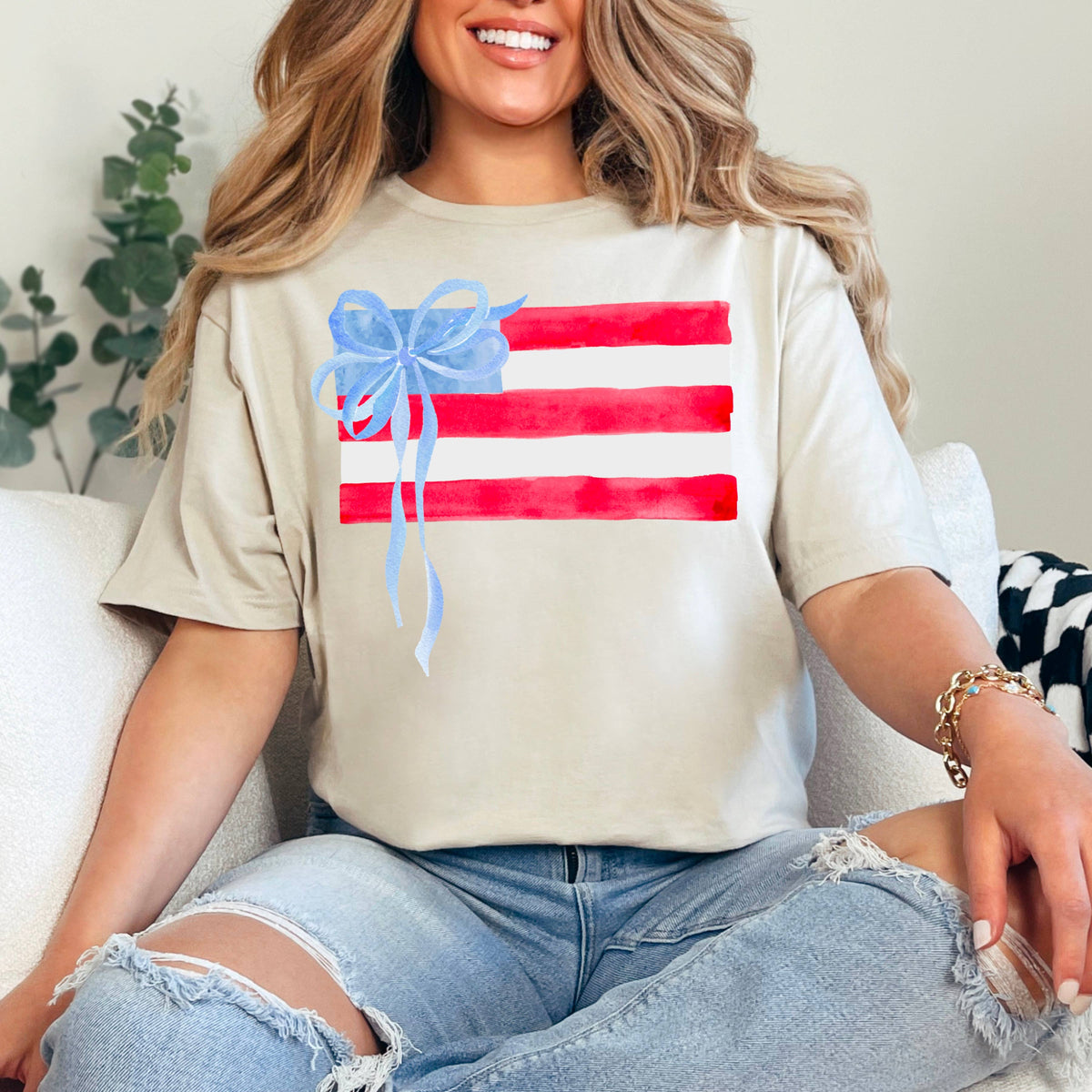 Beige Coquette American Flag, July 4th Graphic Tee, Gildan – Lavish 31 (view 18)