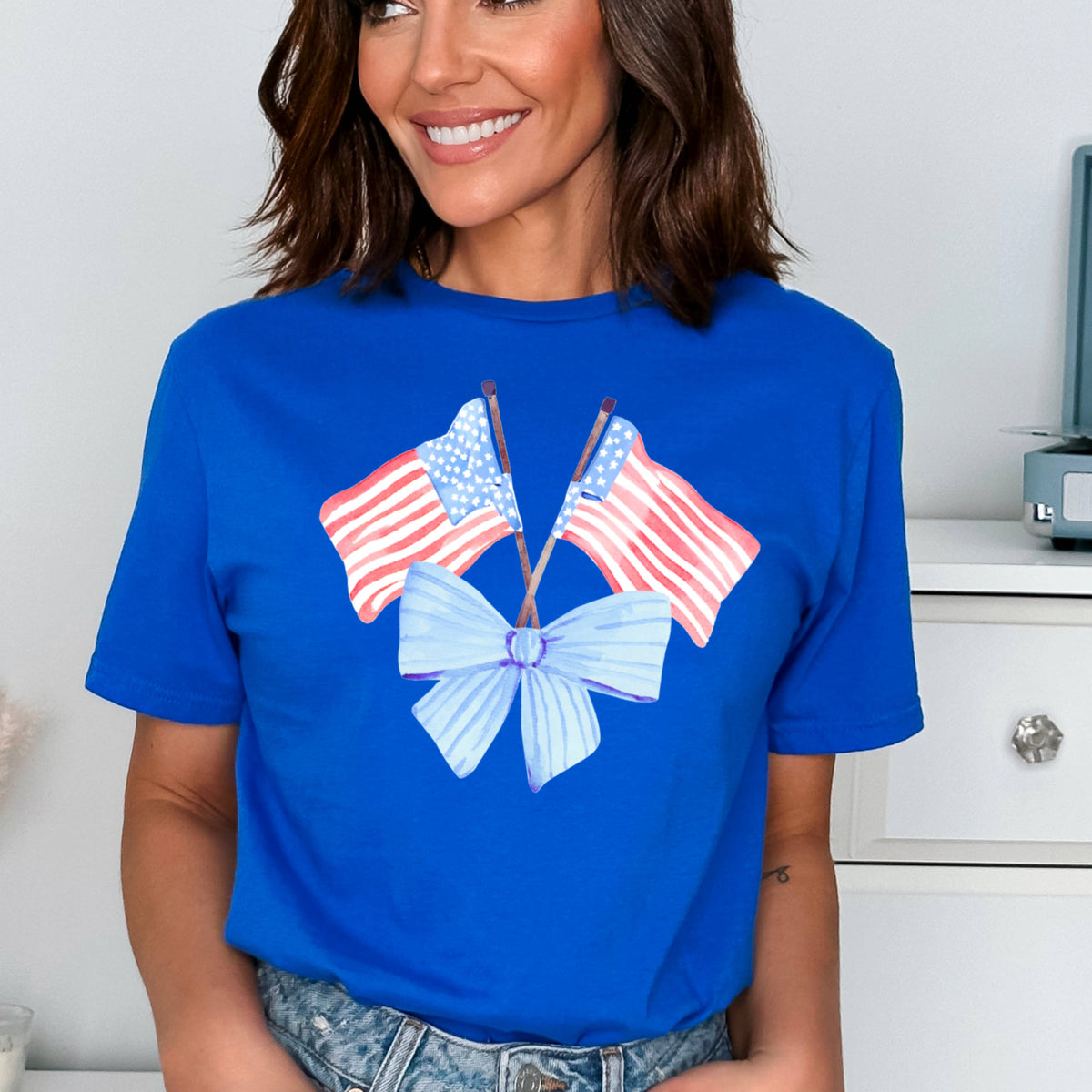 White Coquette American Flag, July 4th Graphic Tee, Gildan – Lavish 31 (view 24)
