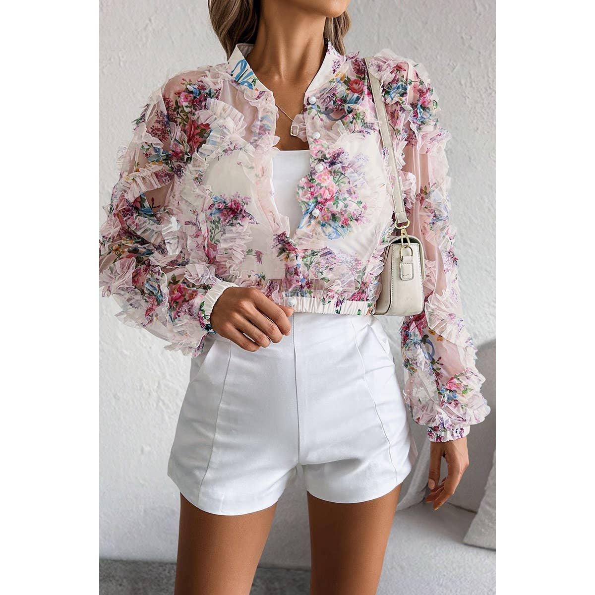 Floral Print Lace Ruffle Open Front Button Shirt: PURPLE / M – Lavish 31