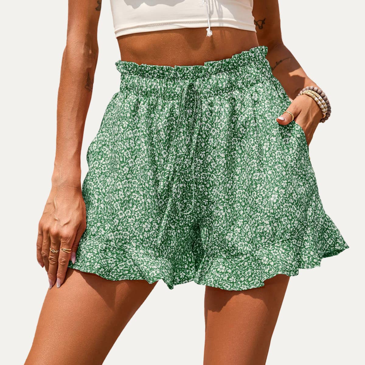 Outdoor Adventure Floral Print High-Waisted Mini Shorts: KHAKI / L – Lavish 31 (view 3)