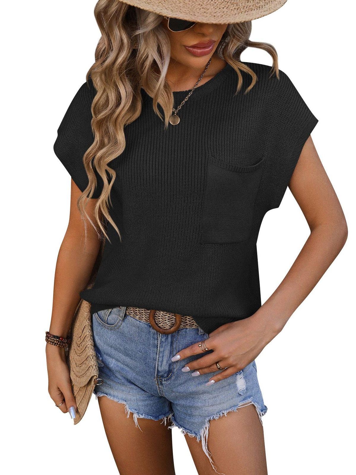 Crewneck Pocket Trim Top Short-sleeved Sweater: Black / Acrylic 70% + 30% nylon / L – Lavish 31