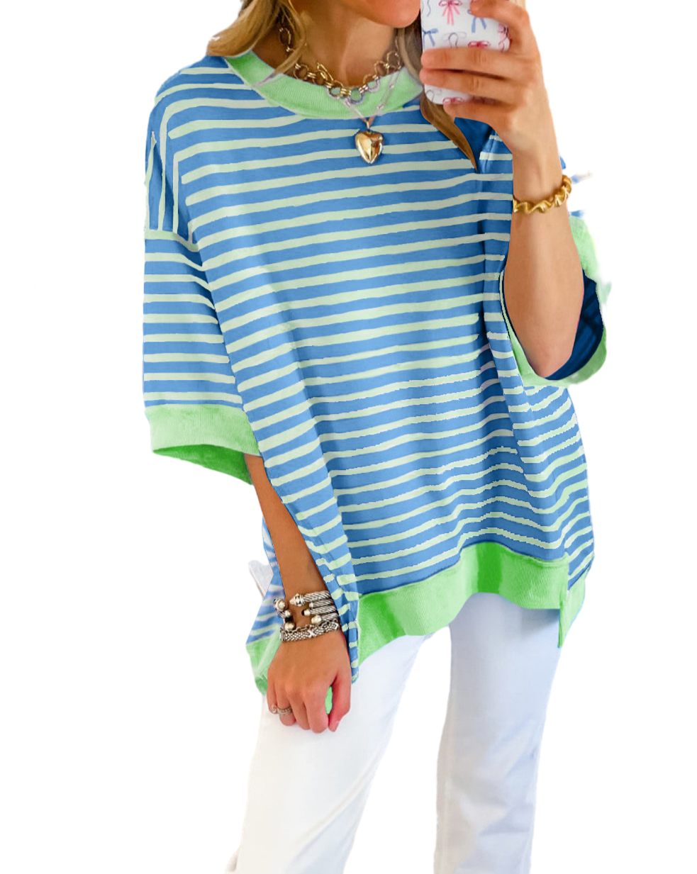 Stripe Contrast Trim Oversized T-Shirt: Sky Blue Stripe / L – Lavish 31 (view 4)
