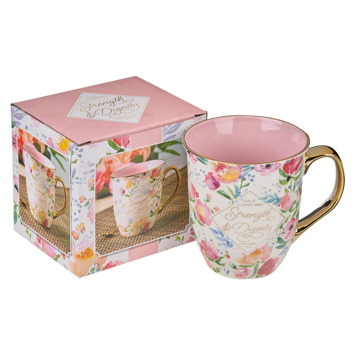 Mug Pink/White Floral Strength & Dignity Prov. 31:25 – Lavish 31 (view 3)