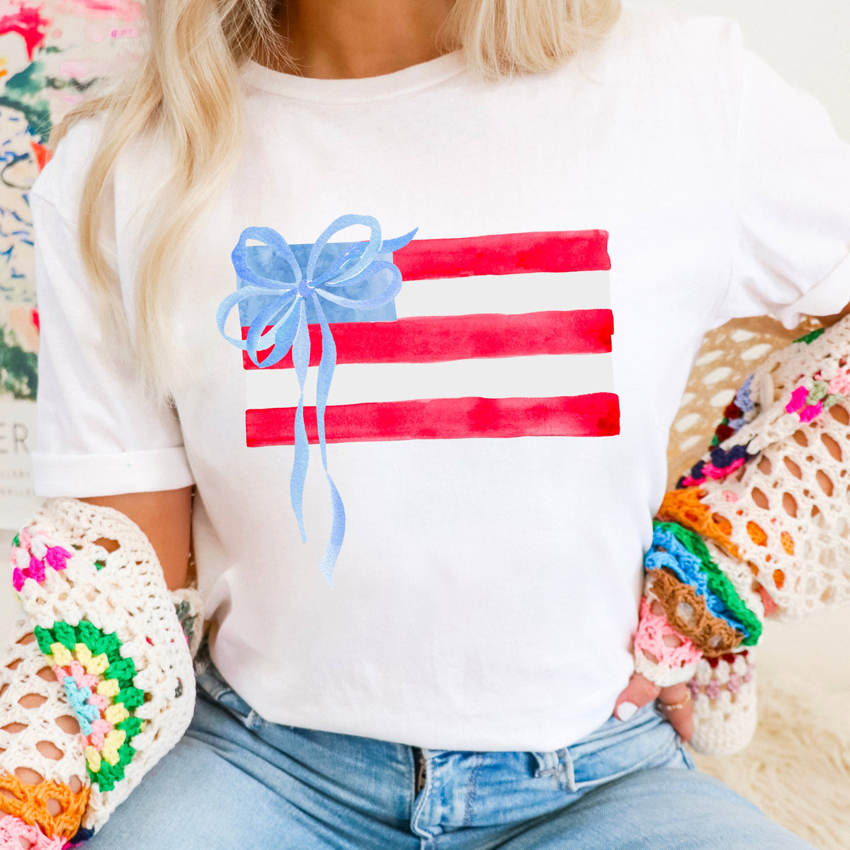Beige Coquette American Flag, July 4th Graphic Tee, Gildan – Lavish 31 (view 14)