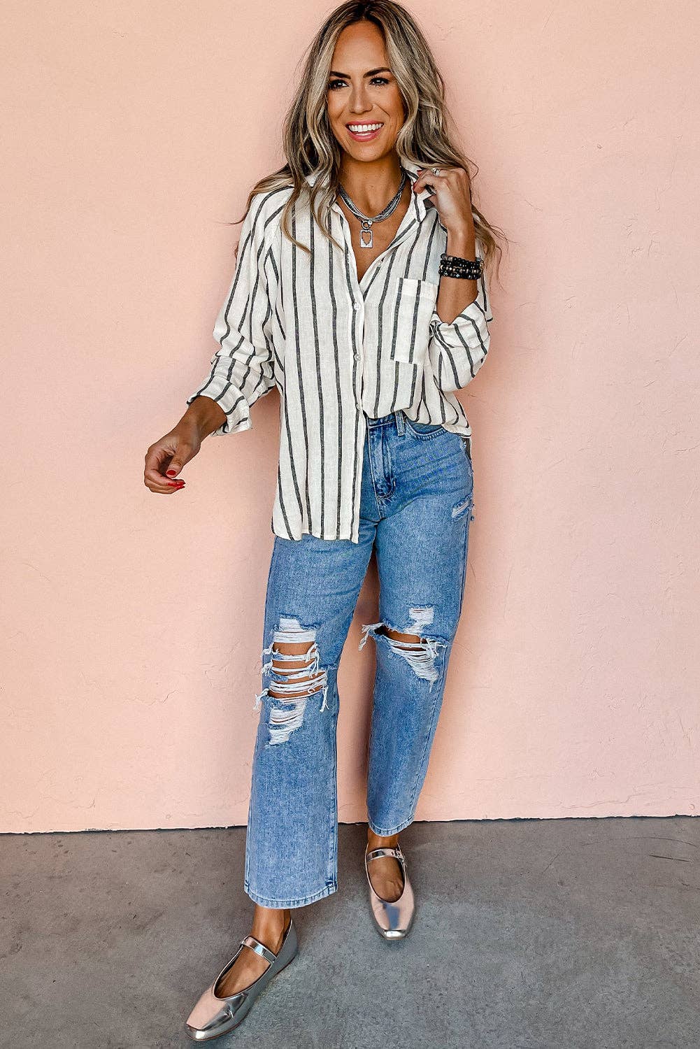Stripe Chest Pocket Buttoned Oversized Shirt: Black Stripe / 50%Cotton+45%Polyester+5%Viscose / L – Lavish 31 (view 3)