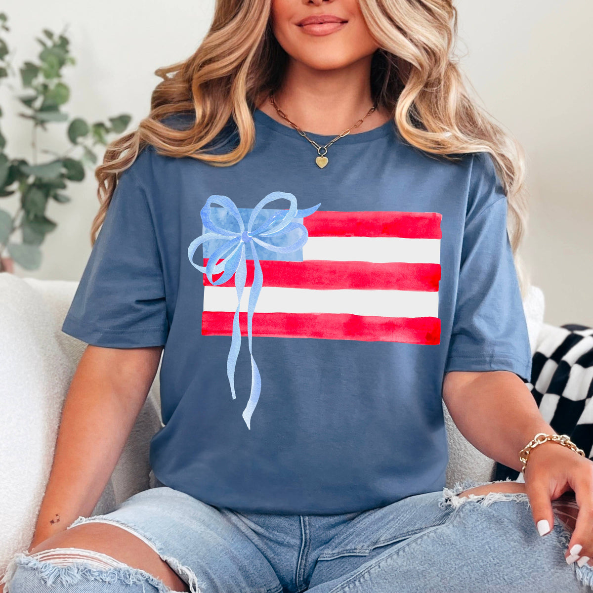 Beige Coquette American Flag, July 4th Graphic Tee, Gildan – Lavish 31 (view 2)