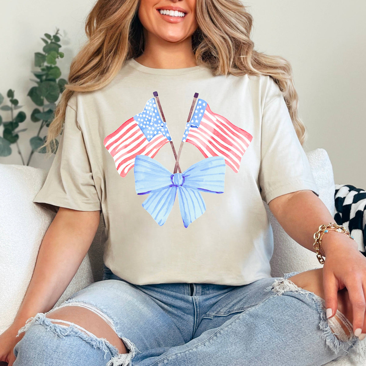White Coquette American Flag, July 4th Graphic Tee, Gildan – Lavish 31 (view 6)
