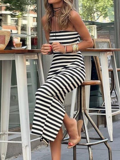 Striped Wrap Chest Slit Daily Dress: Black / L – Lavish 31
