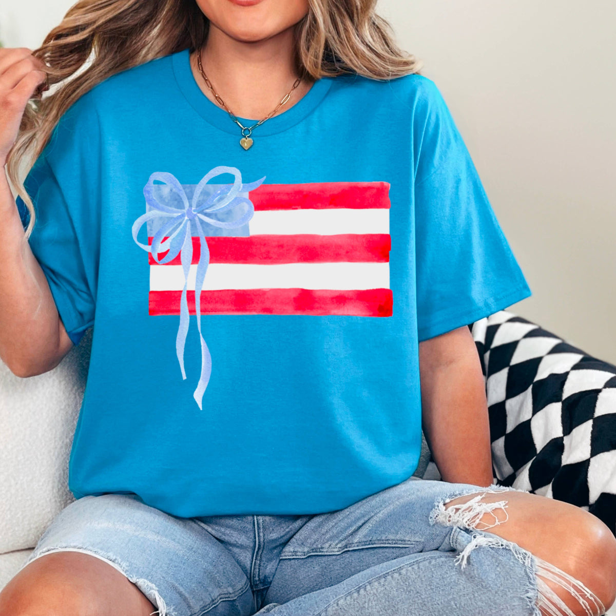 Black Coquette American Flag, July 4th Graphic Tee, Gildan: Black – Lavish 31 (view 6)