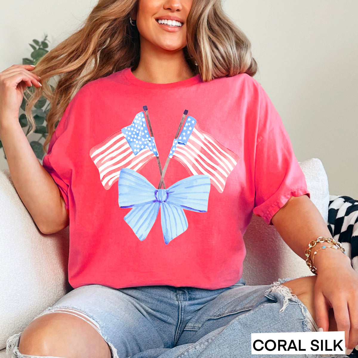 White Coquette American Flag, July 4th Graphic Tee, Gildan – Lavish 31 (view 12)