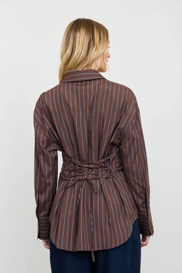 Brown button up top with blue stripes – Lavish 31 (view 2)