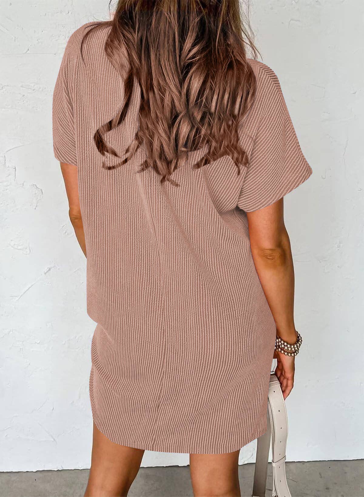 Beige Summer Casual T-shirt Short-sleeved Dress beige: Apricot / 65%Rayon + 35%Polyester / L – Lavish 31 (view 2)