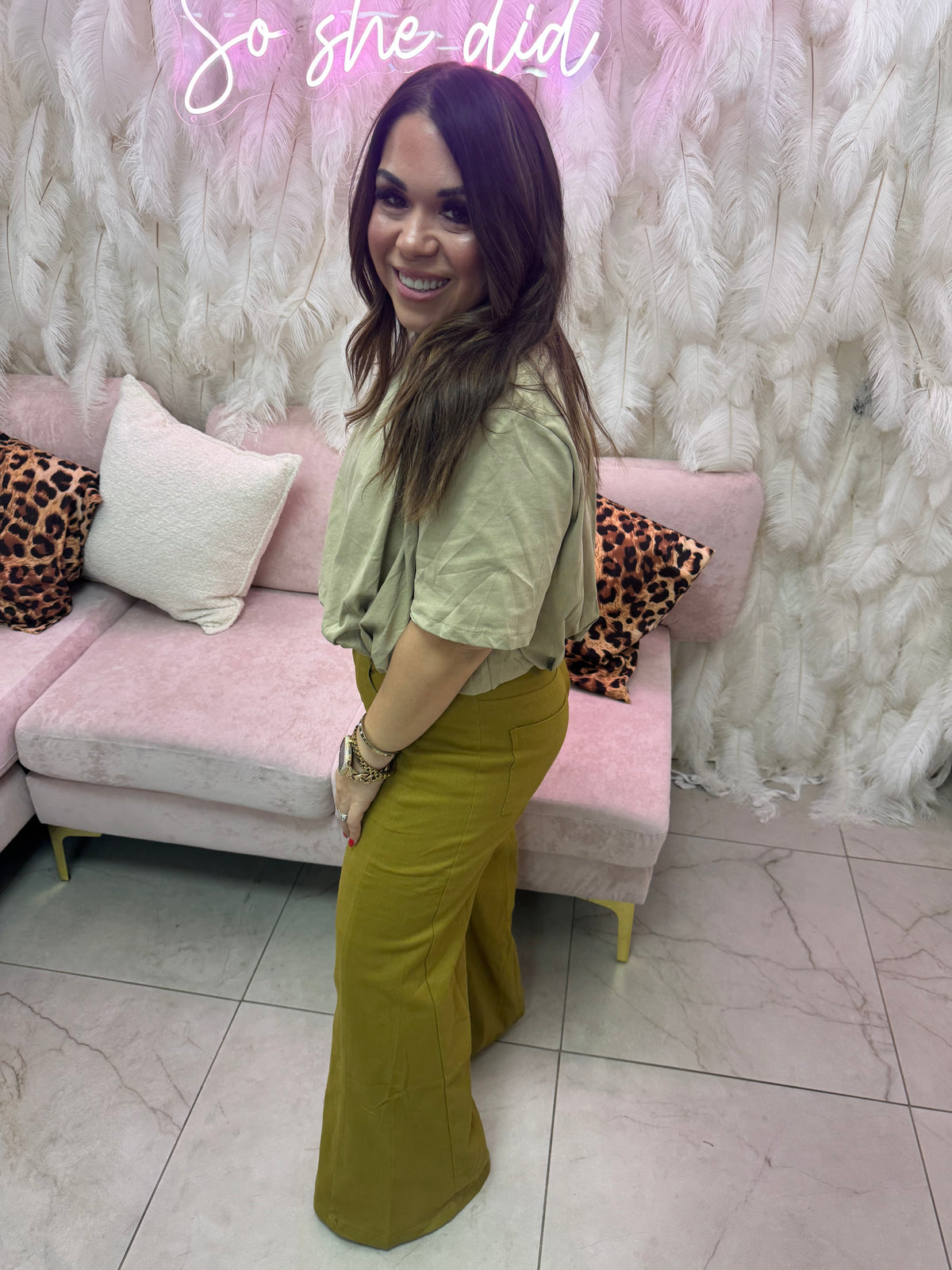 Mustard mid rise flare wide leg pants – Lavish 31 (view 2)