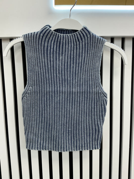 Denim ribbed mock neck top – Lavish 31