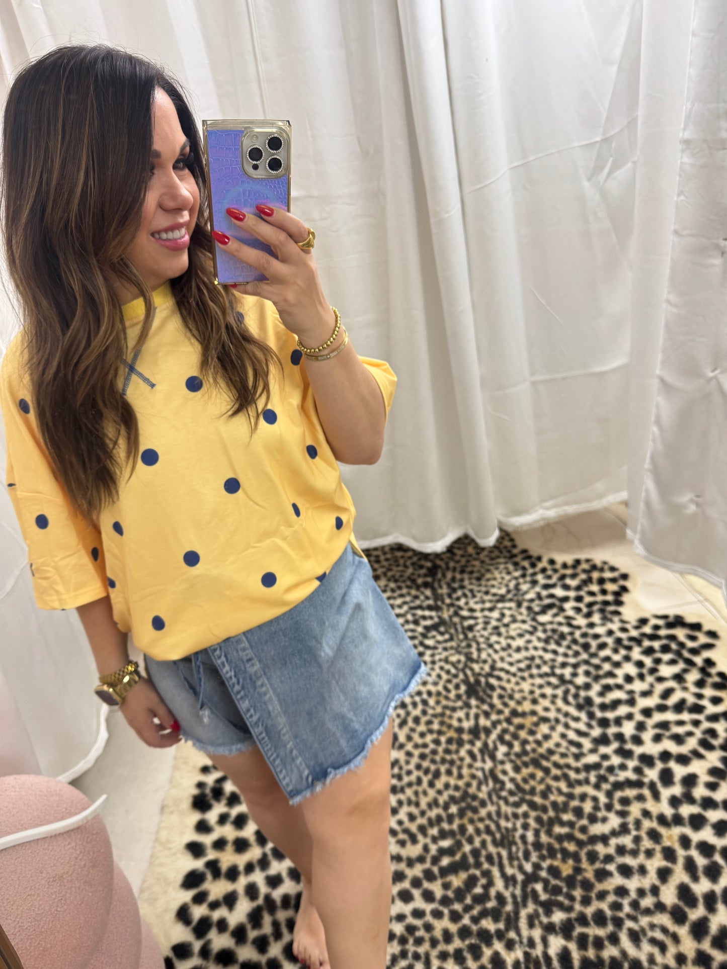 Flowy yellow and navy polka dot top – Lavish 31