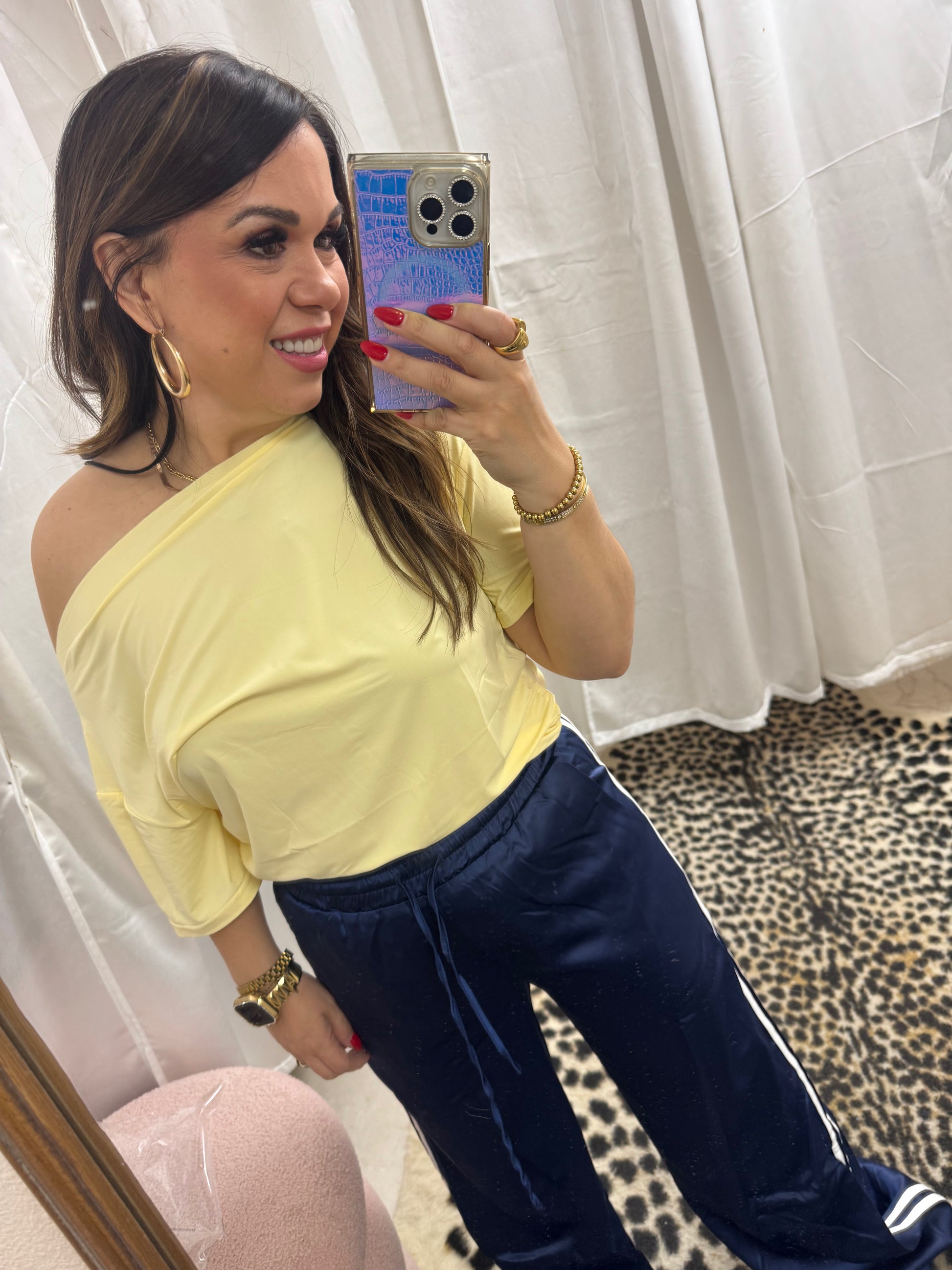 Navy satin track pants with white lines on the bottom – Lavish 31