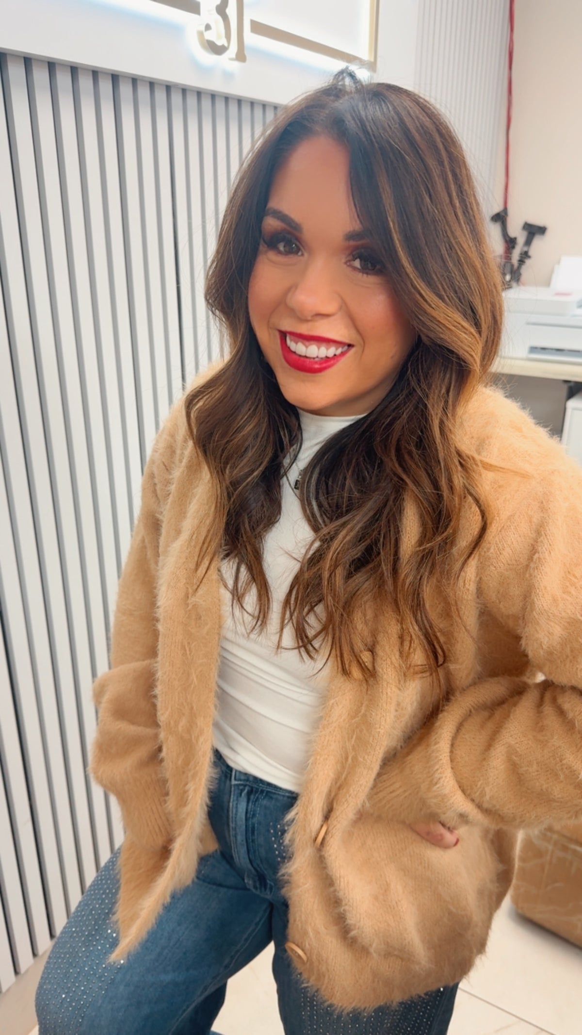 Faux fur beige knit cardigan sweater – Lavish 31