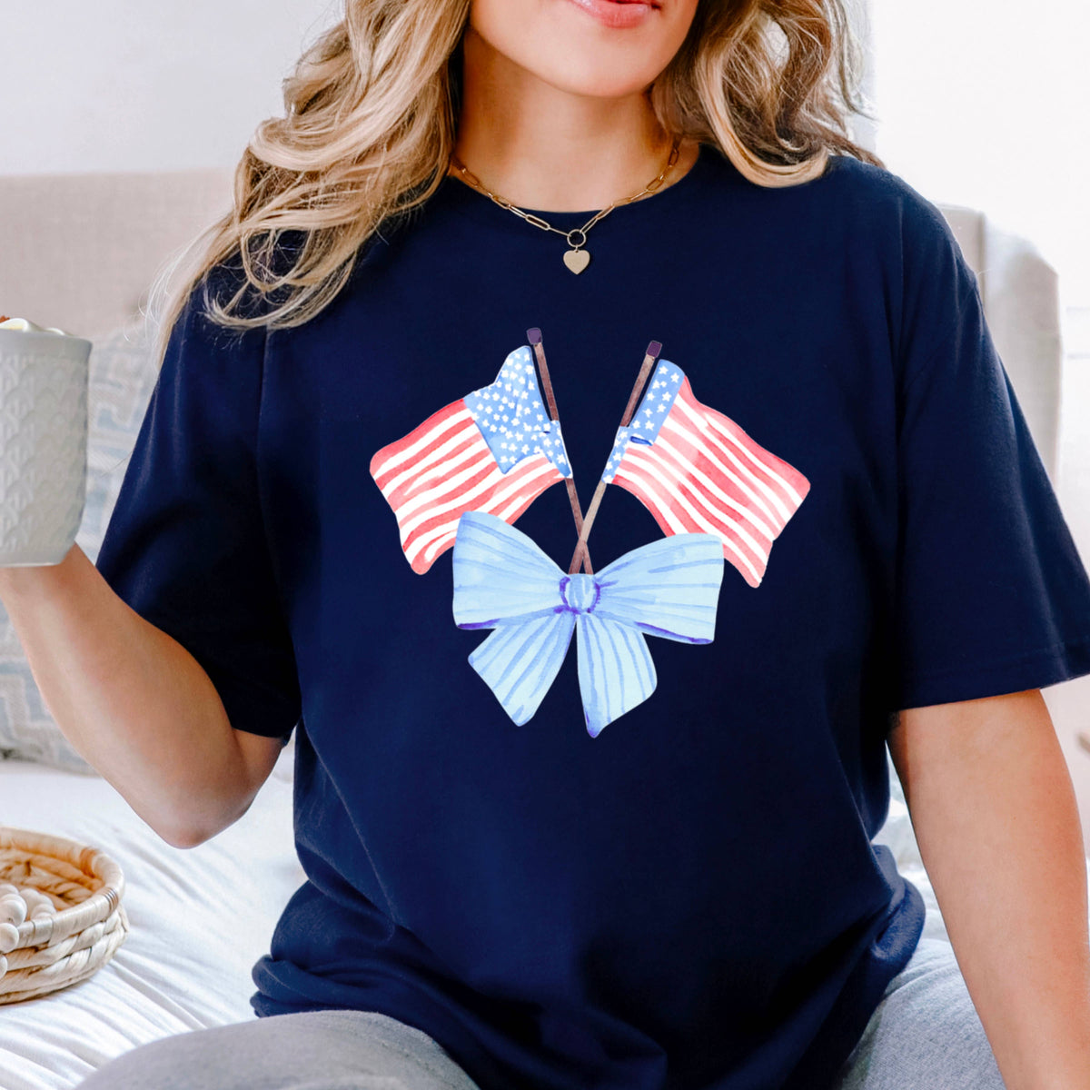White Coquette American Flag, July 4th Graphic Tee, Gildan – Lavish 31 (view 26)