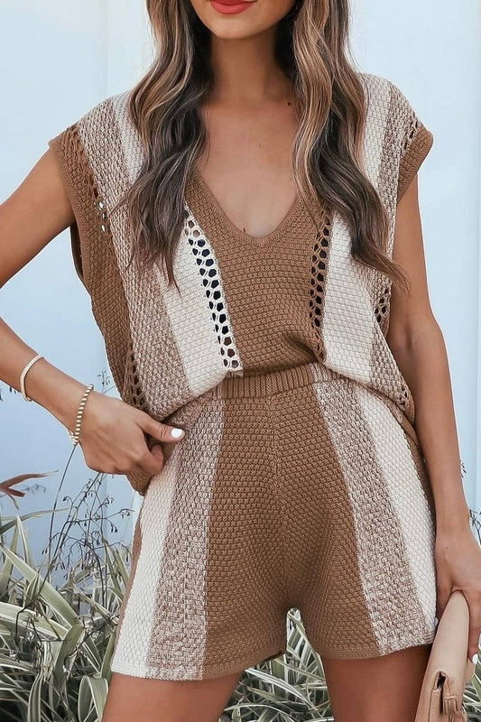 Shorts v-neck knitted top two-piece set: khaki – Lavish 31