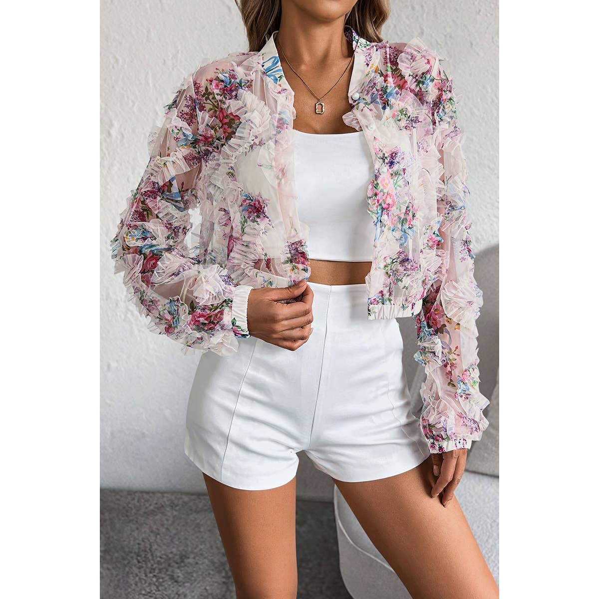 Floral Print Lace Ruffle Open Front Button Shirt: PURPLE / M – Lavish 31 (view 2)
