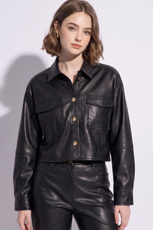 Black cropped leather jacket with gold buttons – Lavish 31