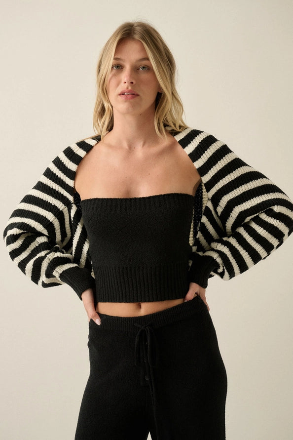 Striped Ribbed-Knit Open-Front Shrug Cardigan Sweater – Lavish 31