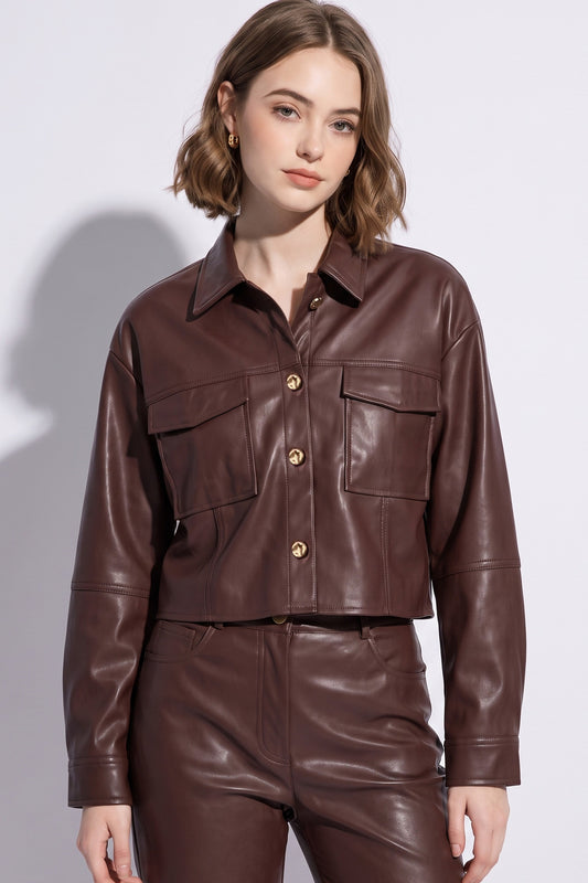 Brown cropped leather jacket with gold buttons – Lavish 31