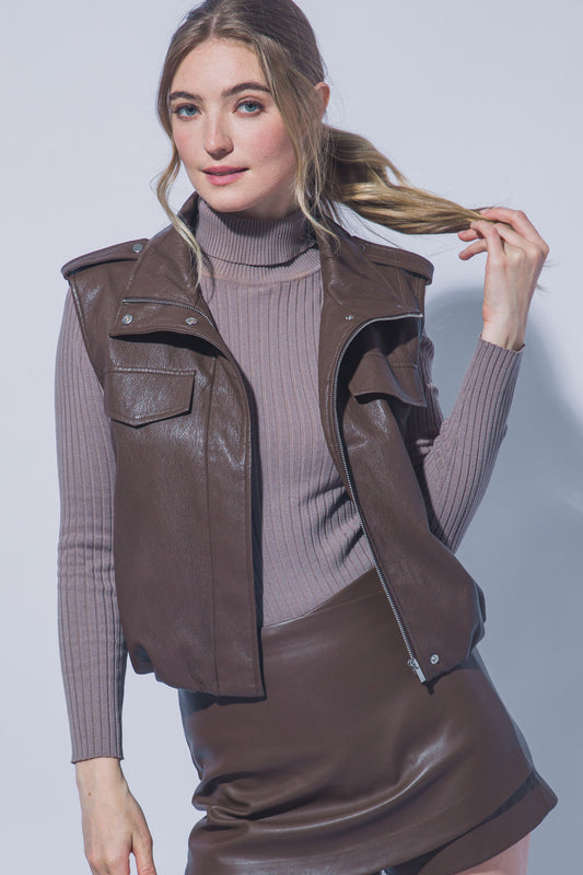 Brown leather zip up vest – Lavish 31