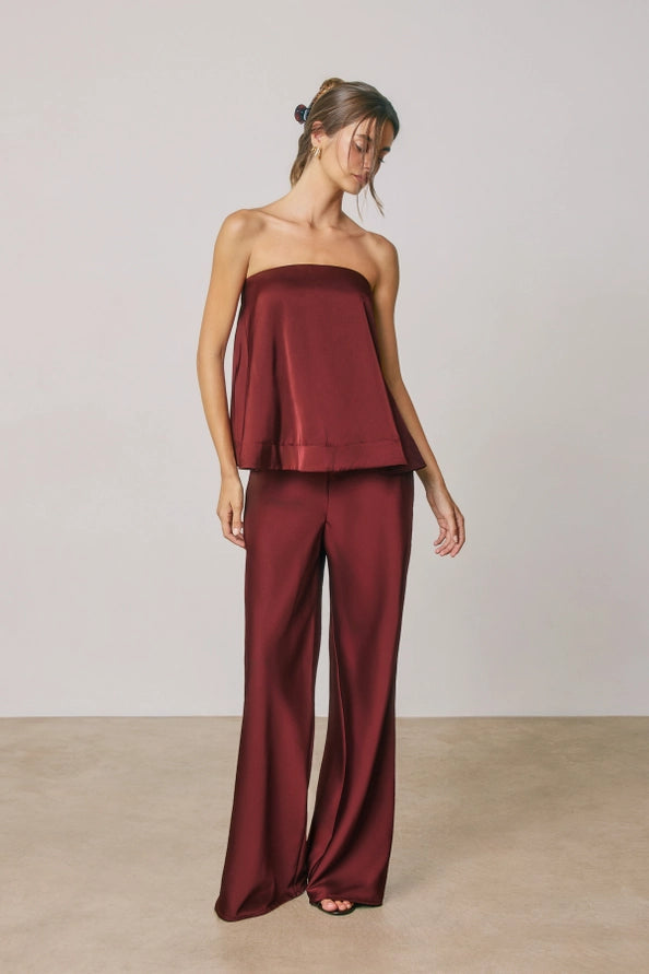 Burgundy Satin Relaxed Straight Leg Pants – Lavish 31 (view 2)