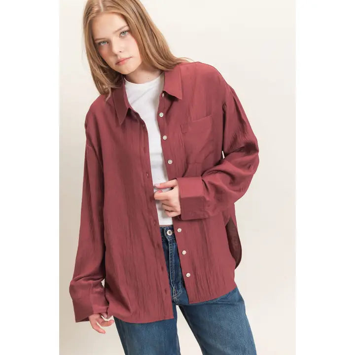 Burgundy long sleeve button up top – Lavish 31