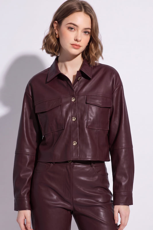 Burgundy cropped leather jacket with gold buttons – Lavish 31