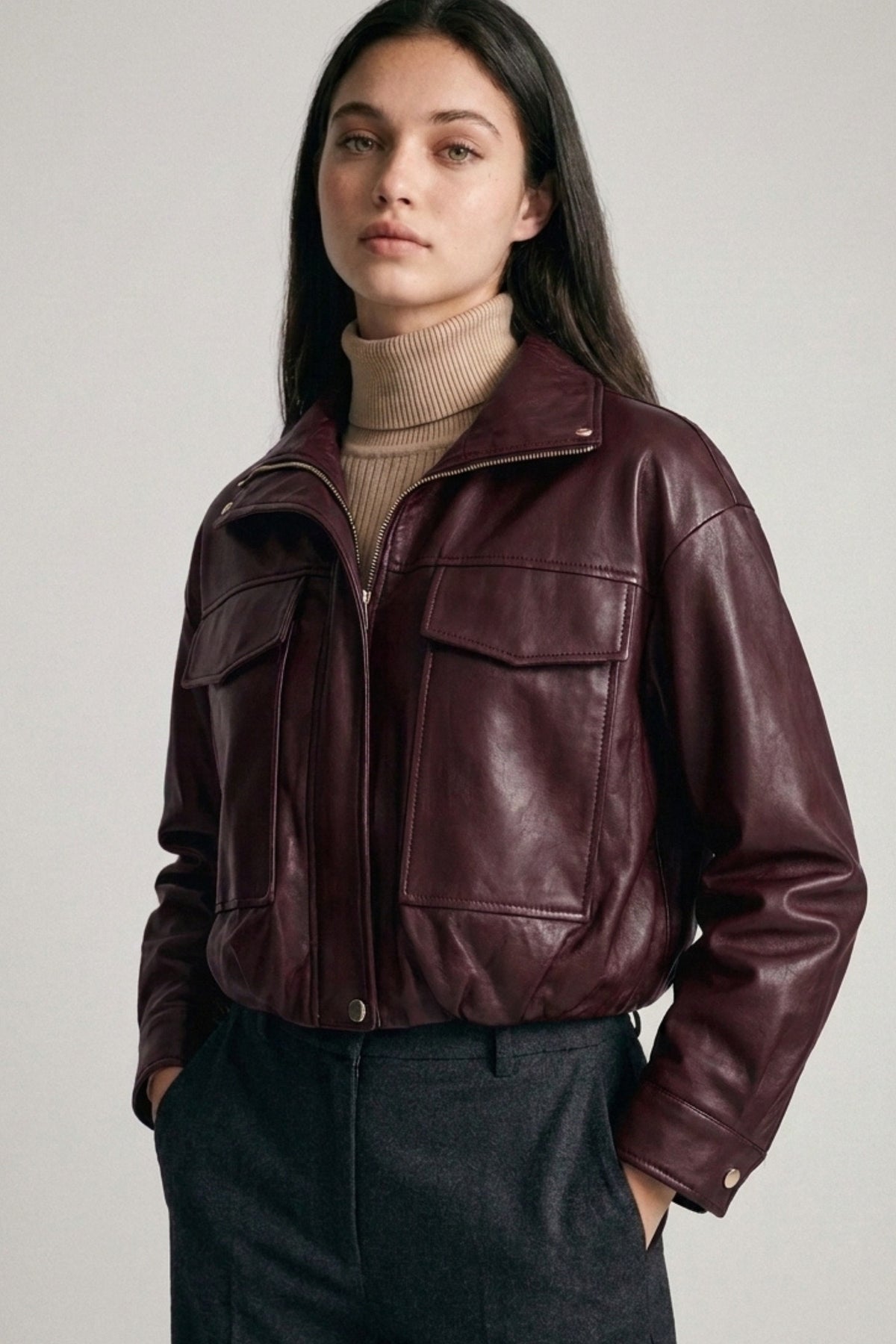 Burgundy cropped leather bomber jacket – Lavish 31
