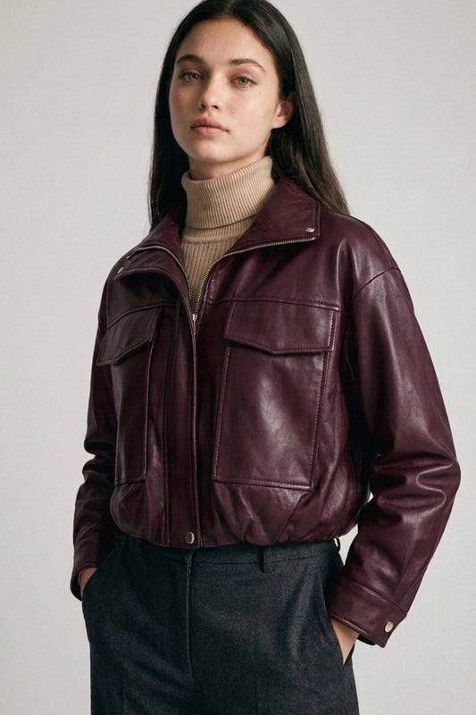 Burgundy cropped leather bomber jacket – Lavish 31