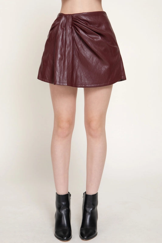 Burgundy leather skort with front ruched detail – Lavish 31