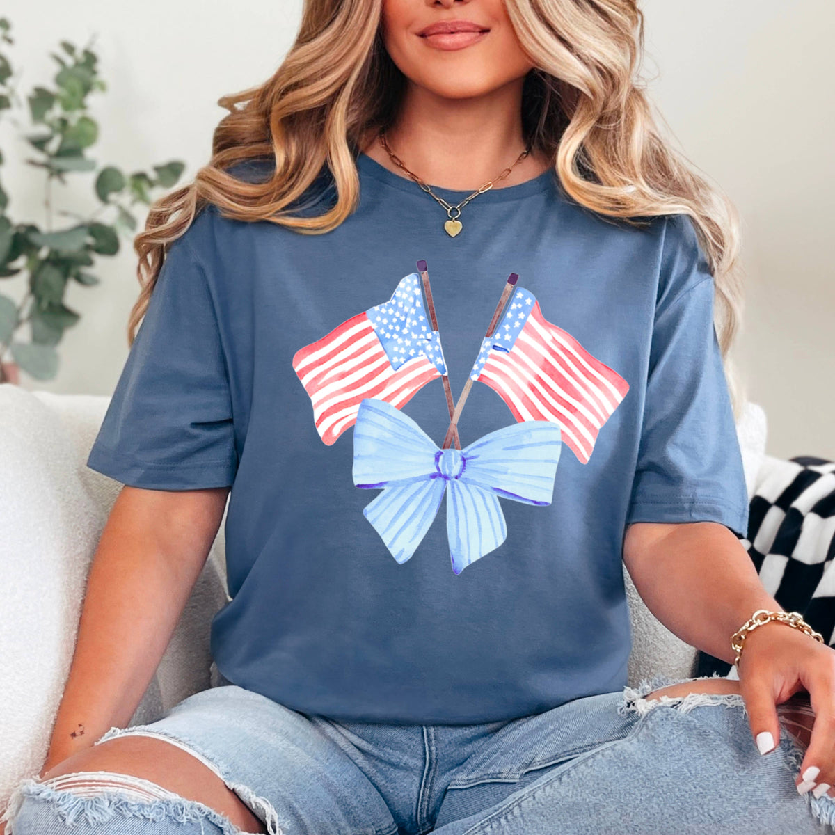 White Coquette American Flag, July 4th Graphic Tee, Gildan – Lavish 31 (view 25)
