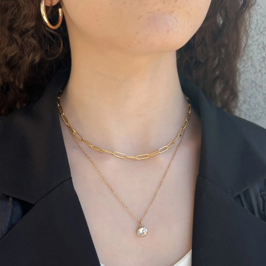 Gold double layered necklace with paperclip detail