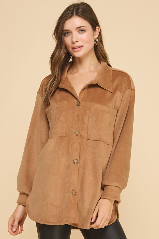 Camel suede button up shacket – Lavish 31