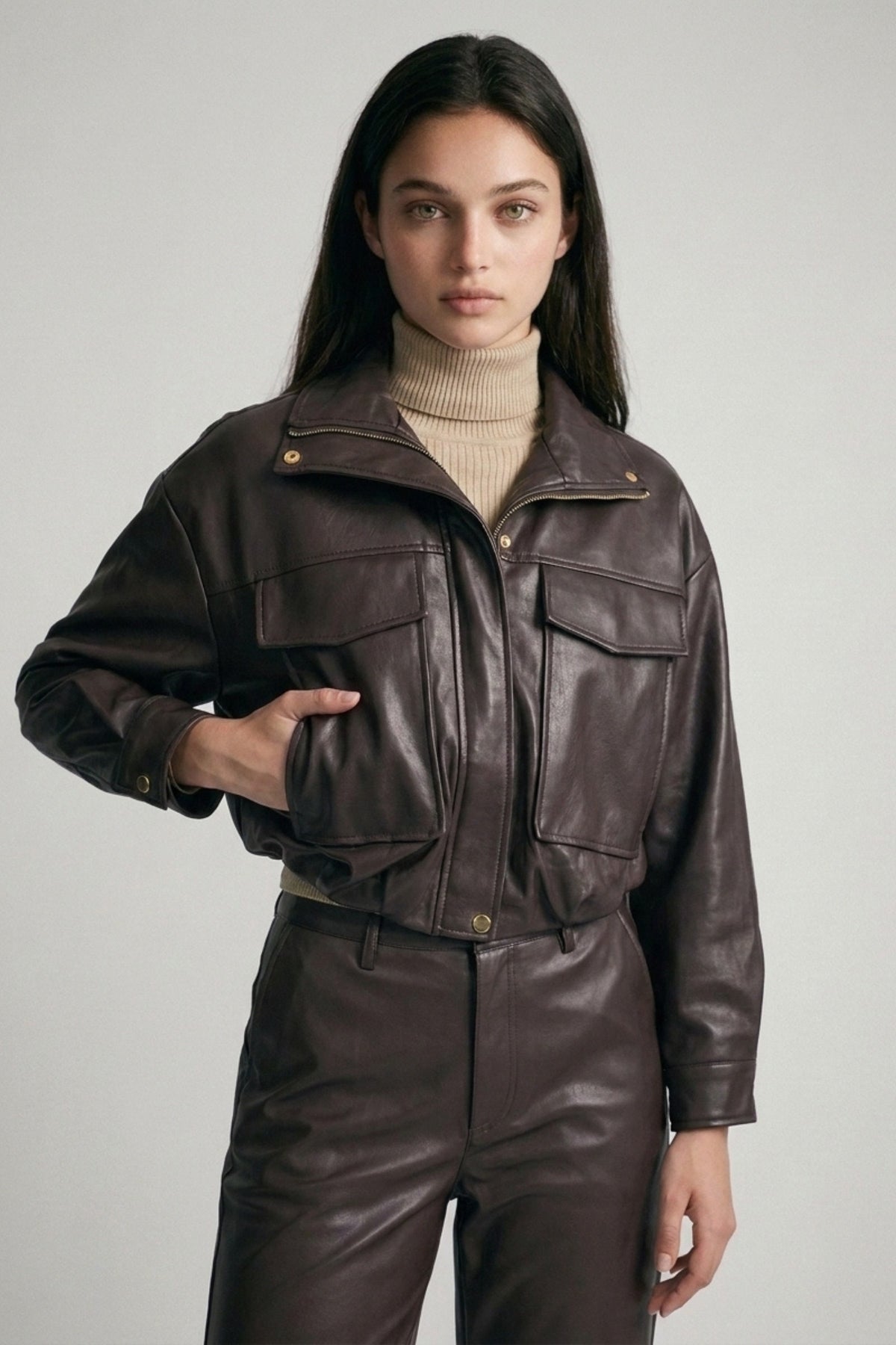 Chocolate brown leather bomber jacket – Lavish 31
