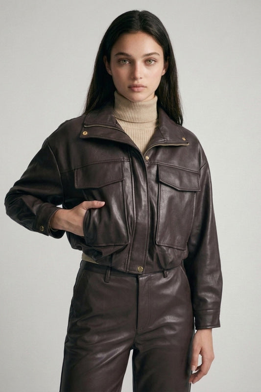 Chocolate brown leather bomber jacket – Lavish 31