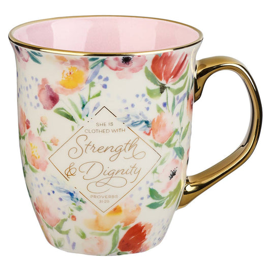 Mug Pink/White Floral Strength & Dignity Prov. 31:25 – Lavish 31