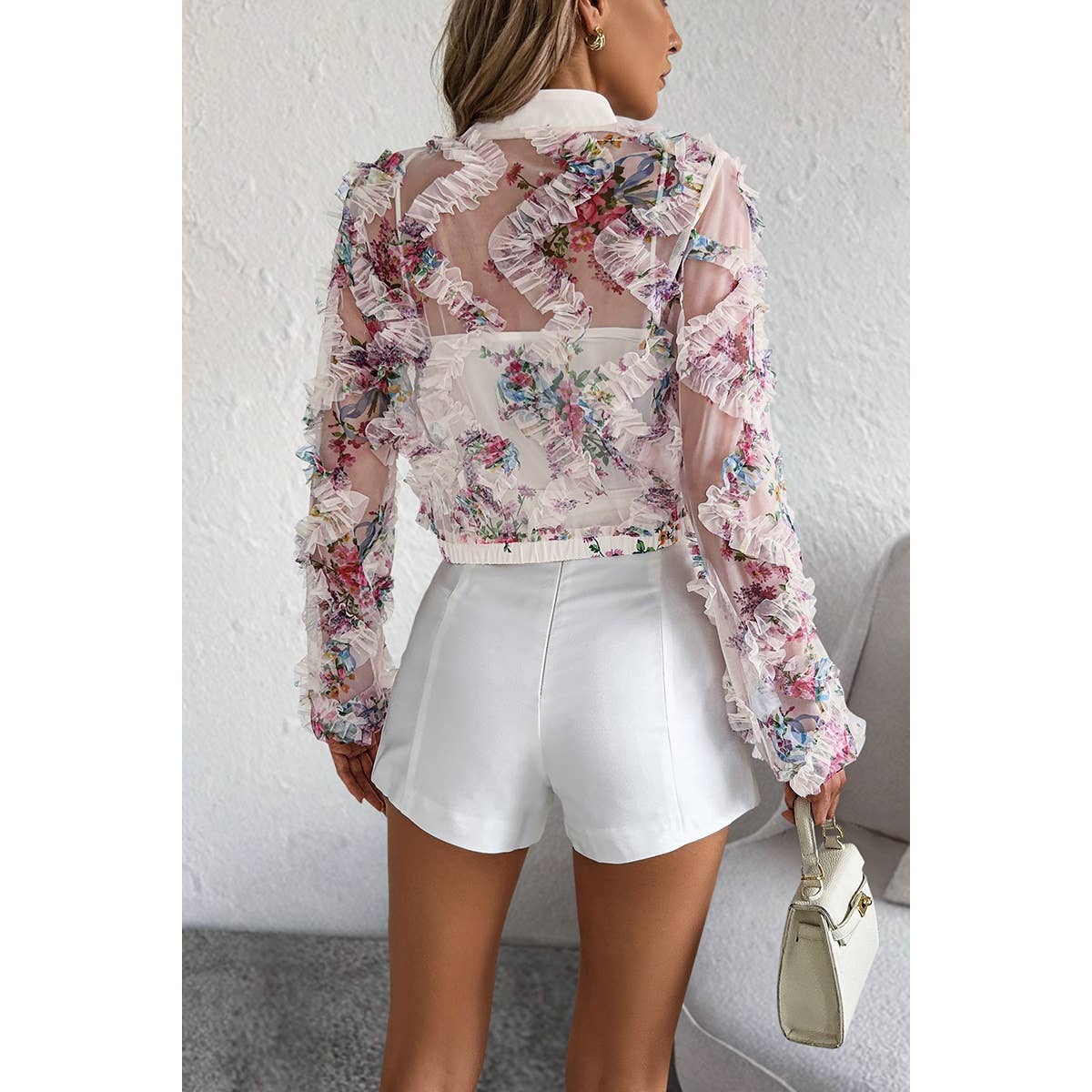 Floral Print Lace Ruffle Open Front Button Shirt: PURPLE / M – Lavish 31 (view 3)