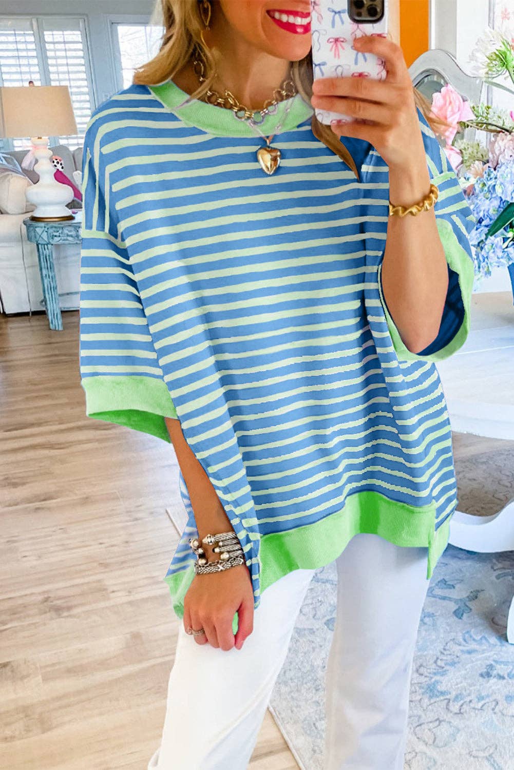 Stripe Contrast Trim Oversized T-Shirt: Sky Blue Stripe / L – Lavish 31