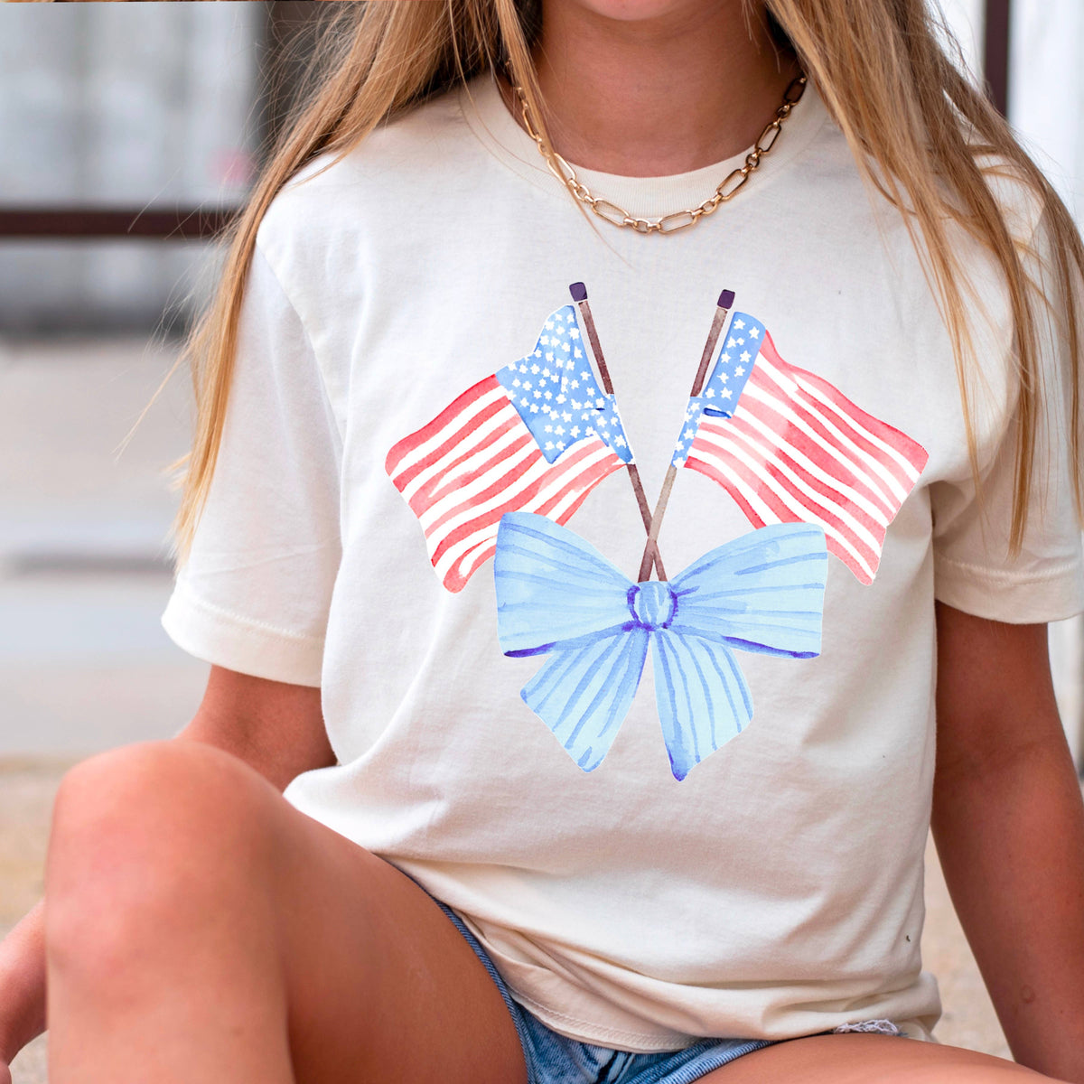 White Coquette American Flag, July 4th Graphic Tee, Gildan – Lavish 31 (view 2)