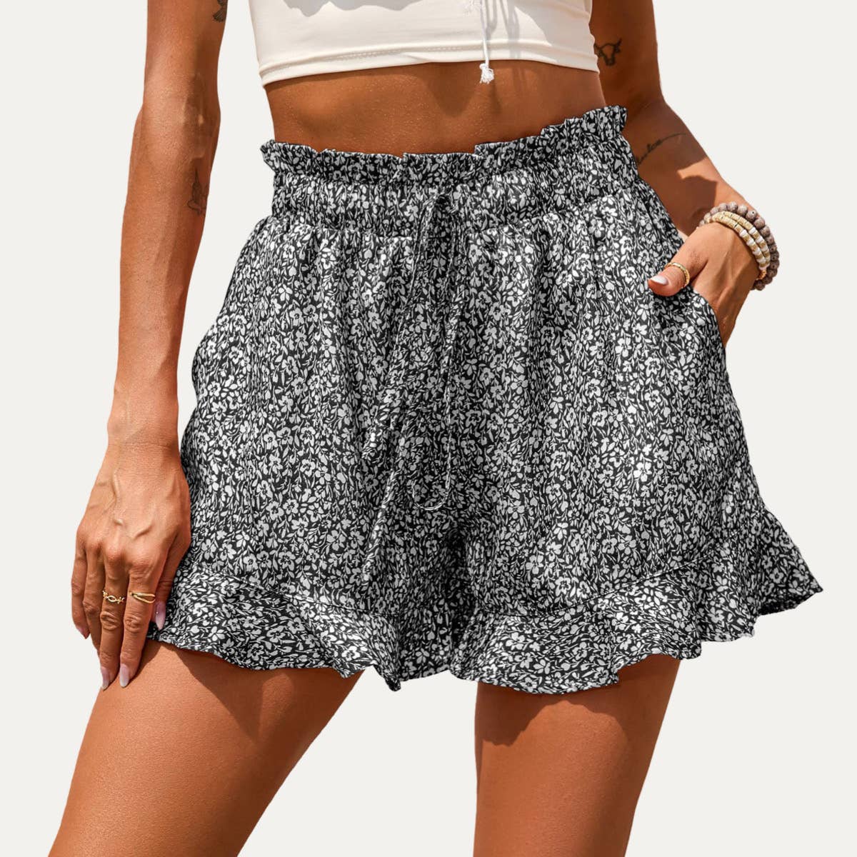 Outdoor Adventure Floral Print High-Waisted Mini Shorts: KHAKI / L – Lavish 31 (view 4)