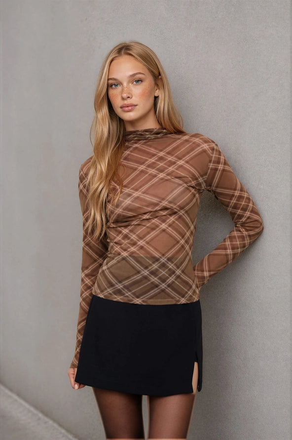 Brown plaid mesh top – Lavish 31